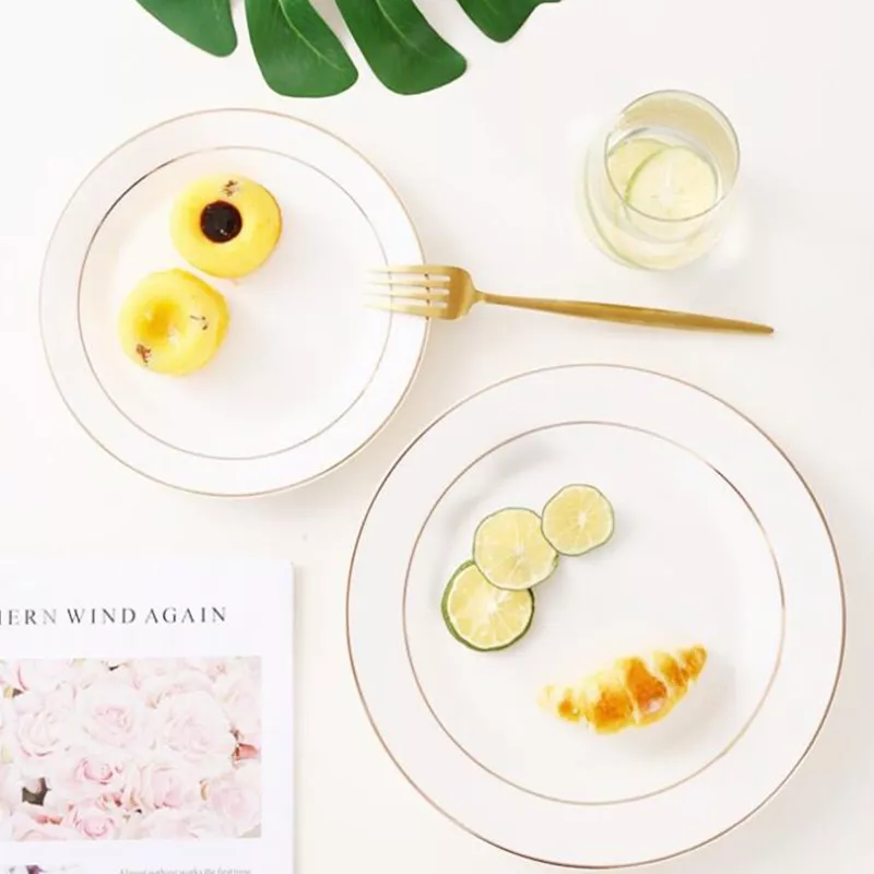  Round Golden Rim White Ceramic Tableware Plate Set Factory 