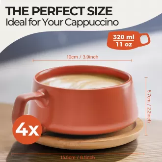 Sæt med 4 keramisk te cup og tallerken bambus/te krus - bred cappuccino cup, kaffekopper keramisk krus til cappuccino, latte, espresso & Americano