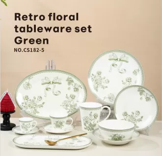 Keramisk retro-blomstret servicesæt til køkken, hjemme- og restaurantbrug, oval tallerken, rund tallerken, skål, krus, kop og tallerkensæt (grøn, blå, rød)