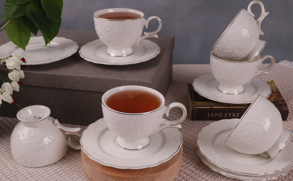 Porcelain Embossed Rose Tea Cups and Saucers Wholesale in China 