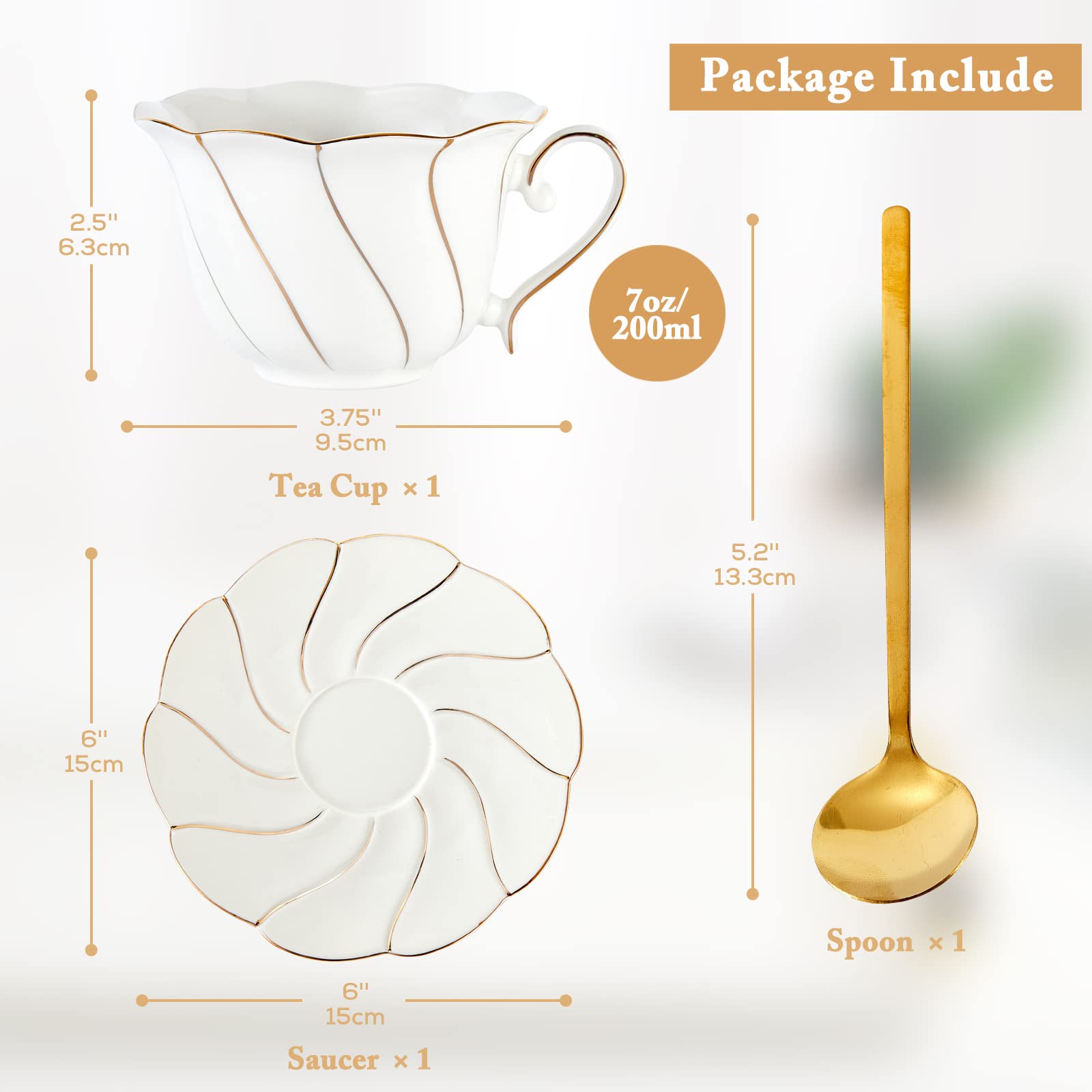 ゴールデントリム付き高級ティーカップ&ソーサー、白磁ティーセット4個(7オンス)、英国スタイルコーヒーカップセット、女性用美しいティーセット、ティーパーティーセット、ギフトパッケージ - ホワイト
