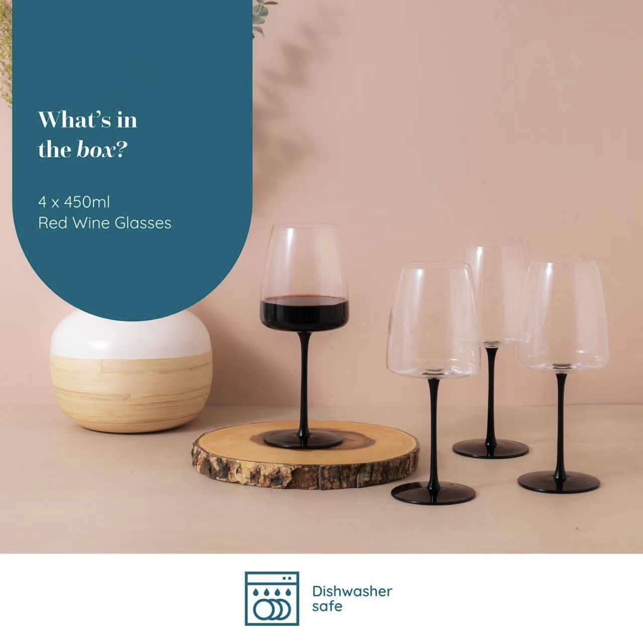 450ml ブラックステムワイングラスセット、パレルモ赤ワイングラス、クリアクリスタルグラス4個セット、結婚式、パーティー、お祝い用のエレガントなガラス製品、ドリンクウェアギフトセット