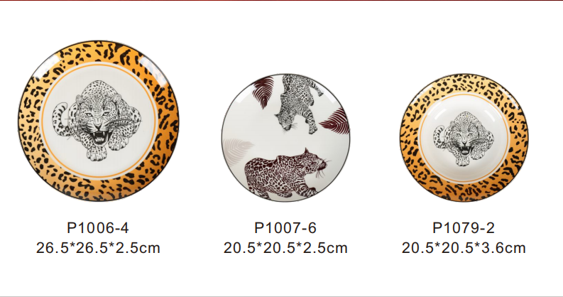 セラミックヒョウ柄の食器セット エレガントなブラックホワイトとゴールドトーン エレガントでモダンなデザイン 多用途のサービング 耐久性のある素材