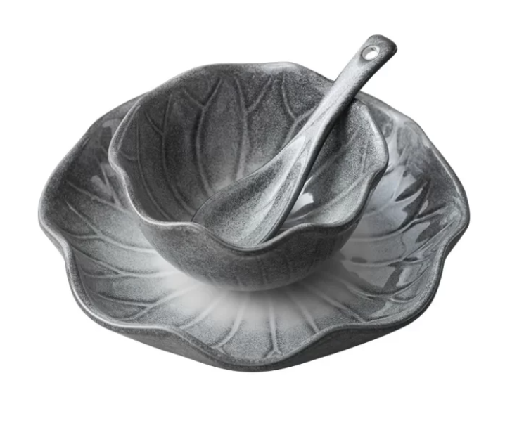 Ceramic Oriental Lotus leaf shaped style design dinnerware，Wholesale Crockery, plate and bowl，Grey and Green Bulk Dinnerware For Restaurant