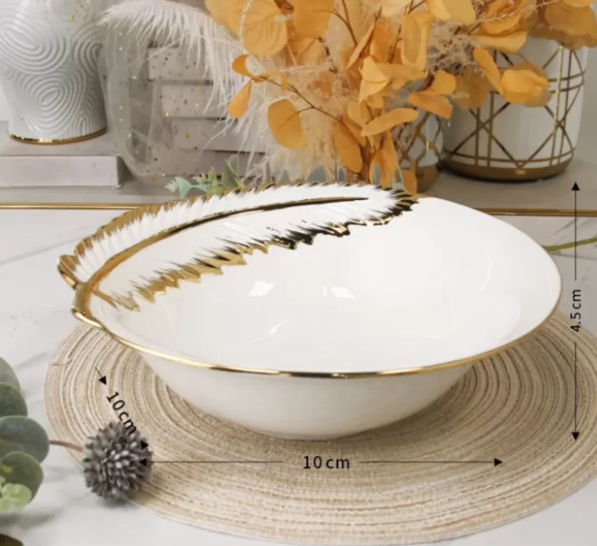 Ceramic Feather-Pattern Bowls Wholesale with Gold Rim