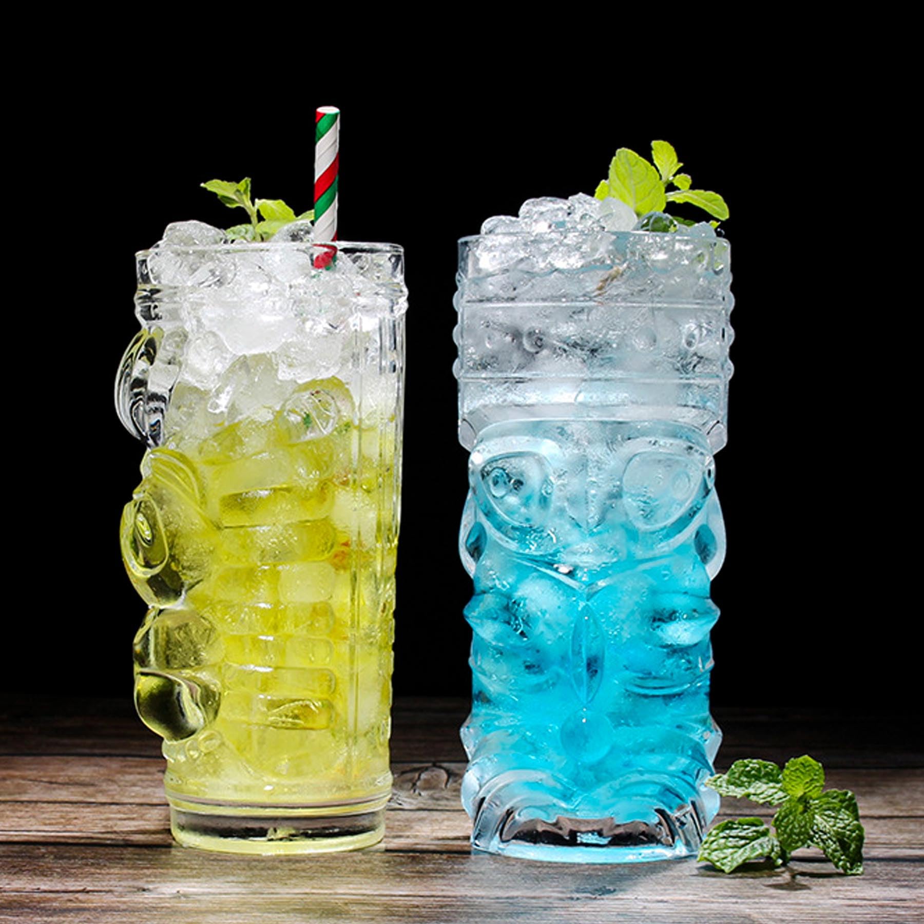 Tiki Glasses Set of 6-14 Oz Highball Glasses for Cocktail - Modern Clear Tropical Tiki Cups Tumbler Glass Set - Mixed Drinking Glass for Hawaiian Tiki Bar Island Party Beverages Iced Tea
