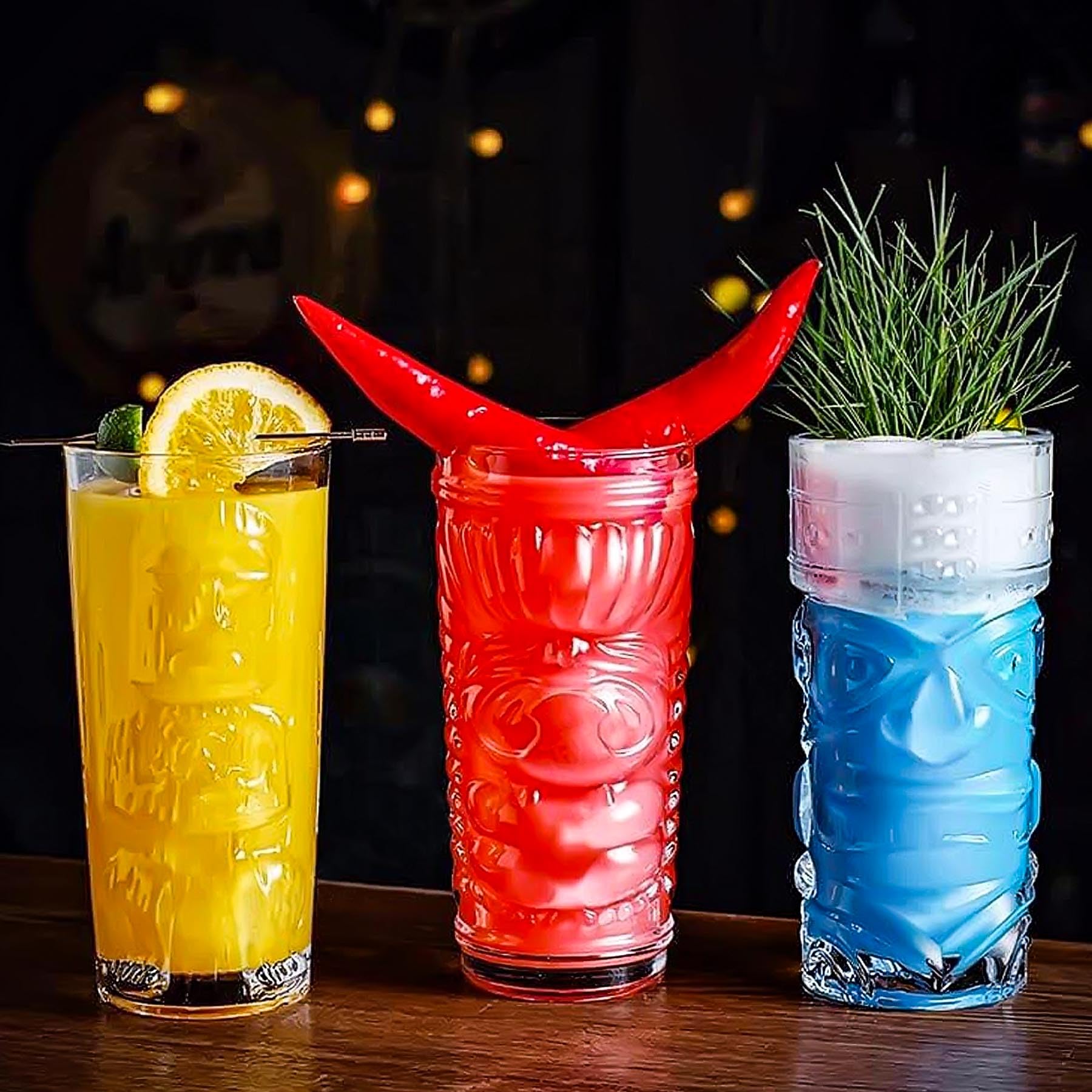 Tiki Glasses Set of 6-14 Oz Highball Glasses for Cocktail - Modern Clear Tropical Tiki Cups Tumbler Glass Set - Mixed Drinking Glass for Hawaiian Tiki Bar Island Party Beverages Iced Tea