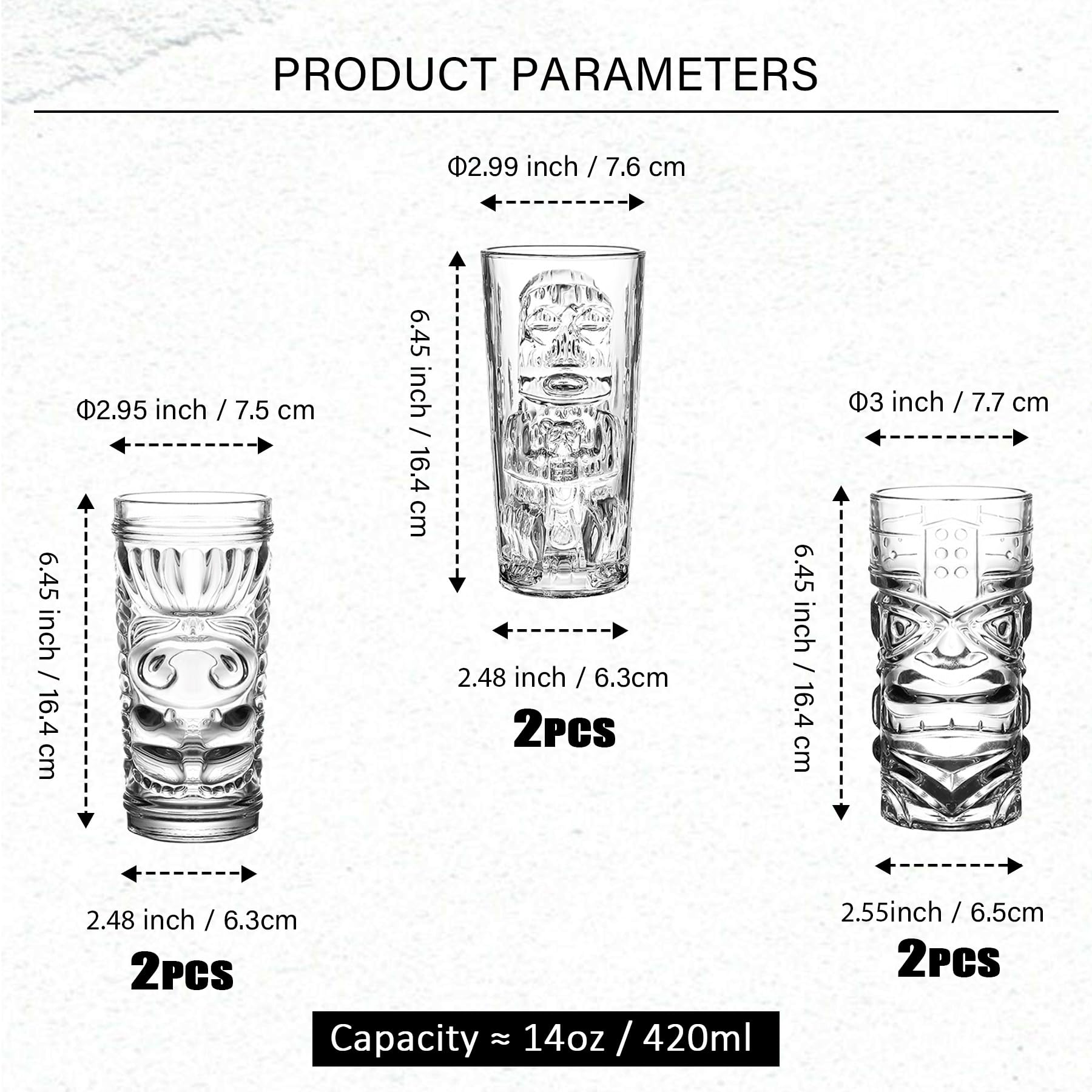 Tiki Glasses Set of 6-14 Oz Highball Glasses for Cocktail - Modern Clear Tropical Tiki Cups Tumbler Glass Set - Mixed Drinking Glass for Hawaiian Tiki Bar Island Party Beverages Iced Tea