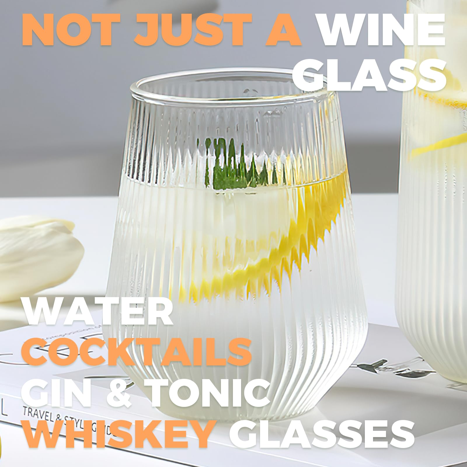 6pcs 460ml Ribbed Highball Glasses Tall Hi Ball Glass Water Gin Juice Cocktail Drinking Glassware Origami Style Fluted Ripple Beverage Tumblers Set, Ideal for Home, Restaurant, Events