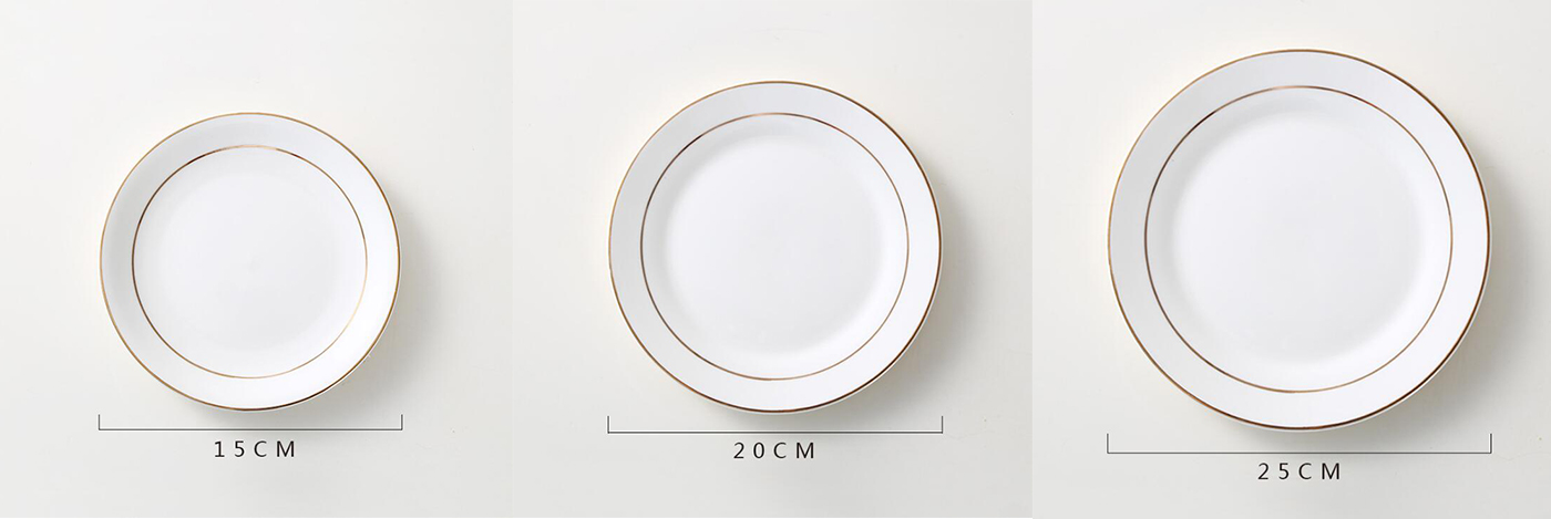 Round Golden Rim White Ceramic Tableware Plate Set