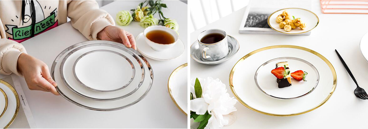 Luxury fine porcelain plates gold rim white ceramic plate