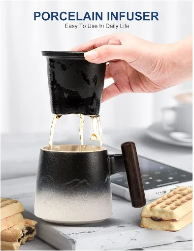 Ceramic tea mug with wood handle and infuser wholesale