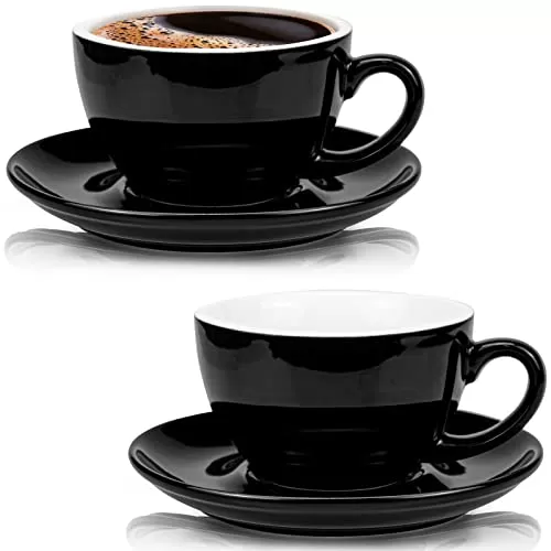 Glossy Black Ceramic Cappuccino Cups with Saucers 
