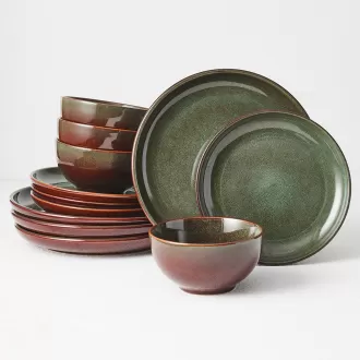 12 pcs Reactive Glaze Plates and Bowls Sets, Handmade Ceramic Dish Set, Highly Chip and Crack Resistant Modern Plate Set, Brown Green