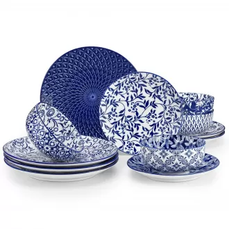 SELENE Plates and Bowls Set for 4, 12 Pieces Dinnerware Sets, Mircowave and Dishwasher Safe Dishes Set, Porcelain Blue Dinnerware