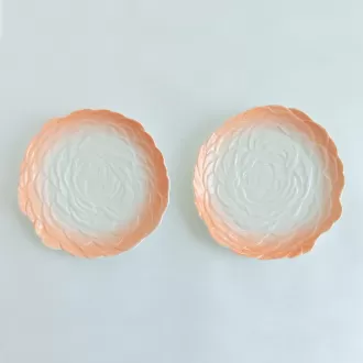 2 Pieces Floral Ceramic Plate Set  , Peach and White