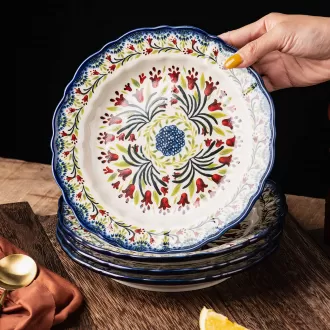 Ceramic Floral Salad Shallow Plate Set,Blue and White 8 inch Serving Plates Dinner  Plates Set of 4