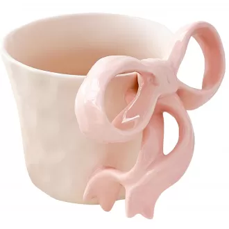 Ceramic Coffee Mug with Pink Bow Handle - Cute Girly Cup for 14oz/440ml, Handmade Kawaii Soup Mug for Latte Tea Milk Cocoa