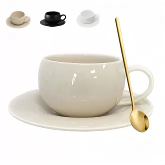Latte Art Cup with Saucer,9.5OZ/280ml Ceramic Cute Cup with Coaster for Tea, Milk and Latte Art with Spoon