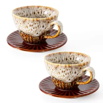 Stackable Ceramic Espresso Cups  and Saucers Set of 2 for Coffee, Latte, and Tea, Durable Glazed White Porcelain tea Set & Modern Latte Cup Collection