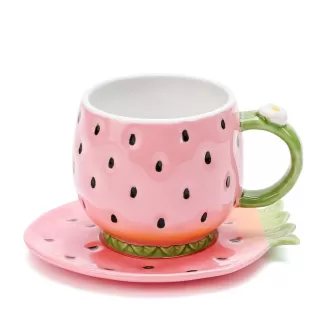 Ceramic Tea Cup and Saucer Coffee Mug Strawberry Coffee Cup with Saucer - 8 Ounce (Pink)