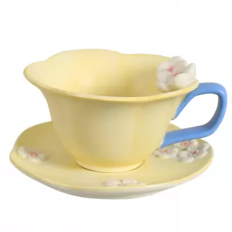 Floral Tea Cups and Saucers, Ceramic Cute Coffee Mug for Women Tea Party, Cappuccino Latte Milk (Yellow)