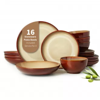 Ceramic Double Bowl Plates and Bowls Sets,  Dinnerware Sets with Pasta Bowls, Dishwasher & Microwave Safe Dish Set, Scratch Resistant Stoneware Plate Set