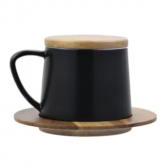 Ceramic Coffee Mug with Wooden Lid, Black, Modern, 15x13x8.5cm, 1.3 pounds, Reusable, Insulated, Birthday, Holiday & Birthday Theme, Hot Drinks, Coffee Cup, Mug