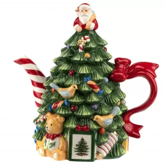 Ceramic Christmas Tree Figural Teapot - Festive 27 oz Christmas Teapot with Mistletoe Accents, Peppermint Stripe Spout, and Ribbon Handle - Decorative Dolomite Tea Pot for Holiday Tea Parties