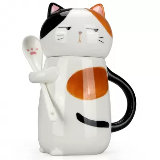 Fun Cat Ceramic Coffee Mug with Lid and Spoon Large Cute Cup for Women Ladies Unique 3D Kawaii Cat Coffee Mugs Lover Mom Gift Animal Funny Christmas Cups Adorable Porcelain Girls Novelty Mug