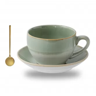 Vintage Porcelain Coffee Cup with Saucer Spoon,  Design Ceramic Latte Art Cappuccino Barista Espresso Tea Cup with Saucer (11.6 oz, 350ml, White Both Green)