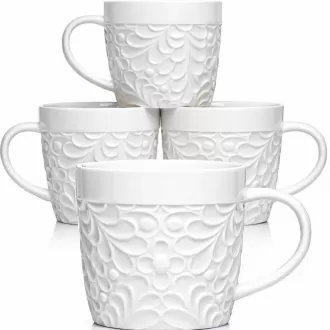16 oz Ceramic Coffee Mugs Set of 4 – Embossed Nature-Inspired Design, Comfortable Grip Handle – Large Latte & Tea Cups, Modern Farmhouse Style – Microwave & Dishwasher Safe