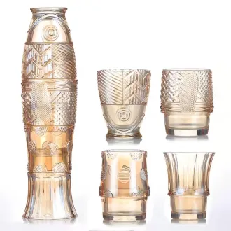 Koi Fish Stackable Glass Cups, Set of 4, 9.0 fl oz, Amber, Decorative Drinking Glasses