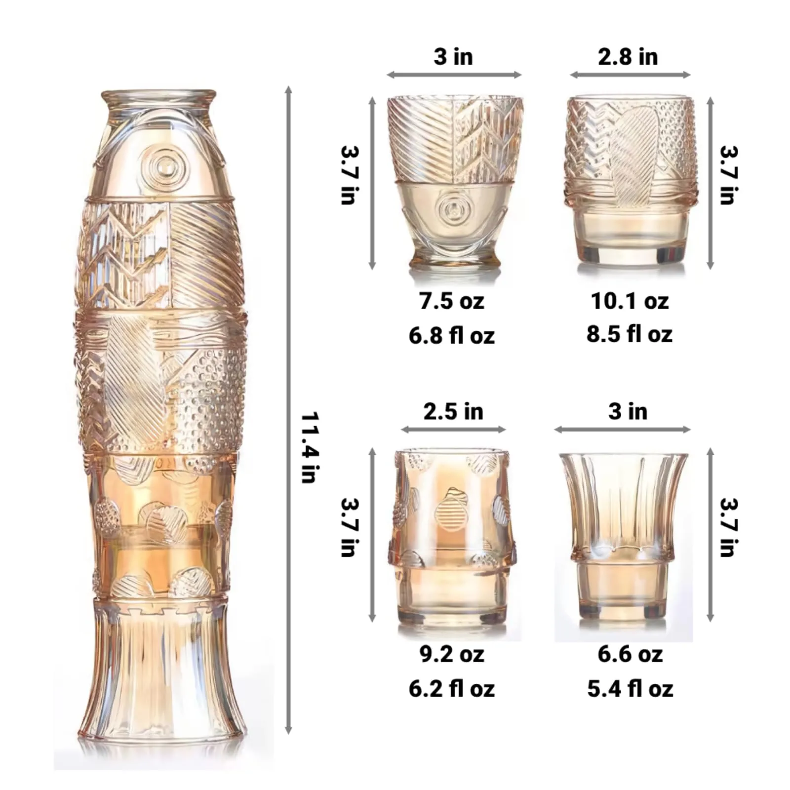 Koi Fish Stackable Glass Cups, Set of 4, 9.0 fl oz, Amber, Decorative Drinking Glasses