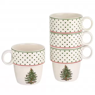 Weihnachtsbaum -Tupfen -Dot -Stapelbecher, 4 - festliche 10 -Unzen -Tassen für heiße Schokolade und Kaffee, platzsparendes Design, Geschirrspüler, Mikrowelle, Gefrierschrank - feine Erdgeschoss -Feiertag -Tassen