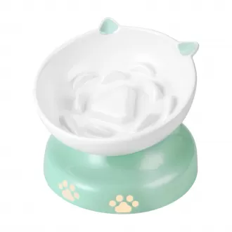 Tazón de gato de alimentación lenta, tazón de gato elevado de cerámica diseño inclinado de diseño lento para perros y gatos para alimentos secos y húmedos, verde