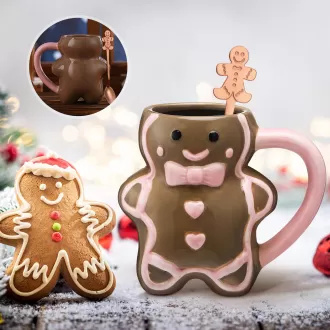 Pink Gingerbread Mug Mug Gingerbread Man con forma de pan con cuchara de oro rosa Copa de cerámica de cerámica con mango Regalos de vaso de navidad rosa para mujeres Oficina de invierno Té caliente Té caliente