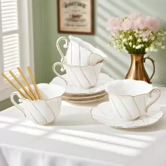 Tazas y platillos de té de lujo con adornos dorados al por mayor en China | Juegos de té elegantes premium de Linkbridge