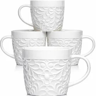 Juego de 4 tazas de café de cerámica de 16 oz – Diseño en relieve inspirado en la naturaleza, mango de agarre cómodo – Tazas grandes para café con leche y té, estilo moderno de granja – Apto para microondas y lavavajillas