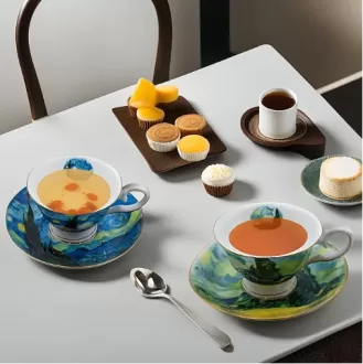 Bone China 7 oz British Teacups Porcelain Van Gogh Coffee Cake