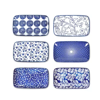 Plaques de céramique à salade rectangulaire bleu vintage
