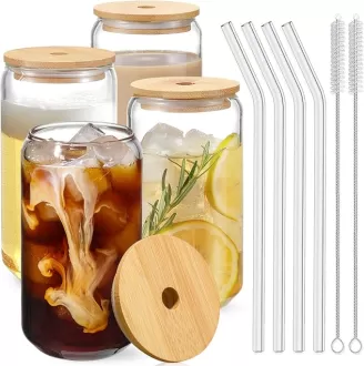 Verres à boire en gros avec couvercles en bambou et ensemble de paille de verre - écologique, durable et parfait pour les boissons chaudes et froides