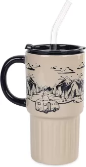 Tasse de voyage en céramique avec couvercle et paille