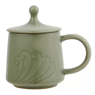 Tasse à thé ondulée en porcelaine avec couvercle, tasse à thé en céramique de 325 ml, tasse à café, passe au micro-ondes, lave-vaisselle, cadeaux de Noël, céladon chinois (vert kiwi)