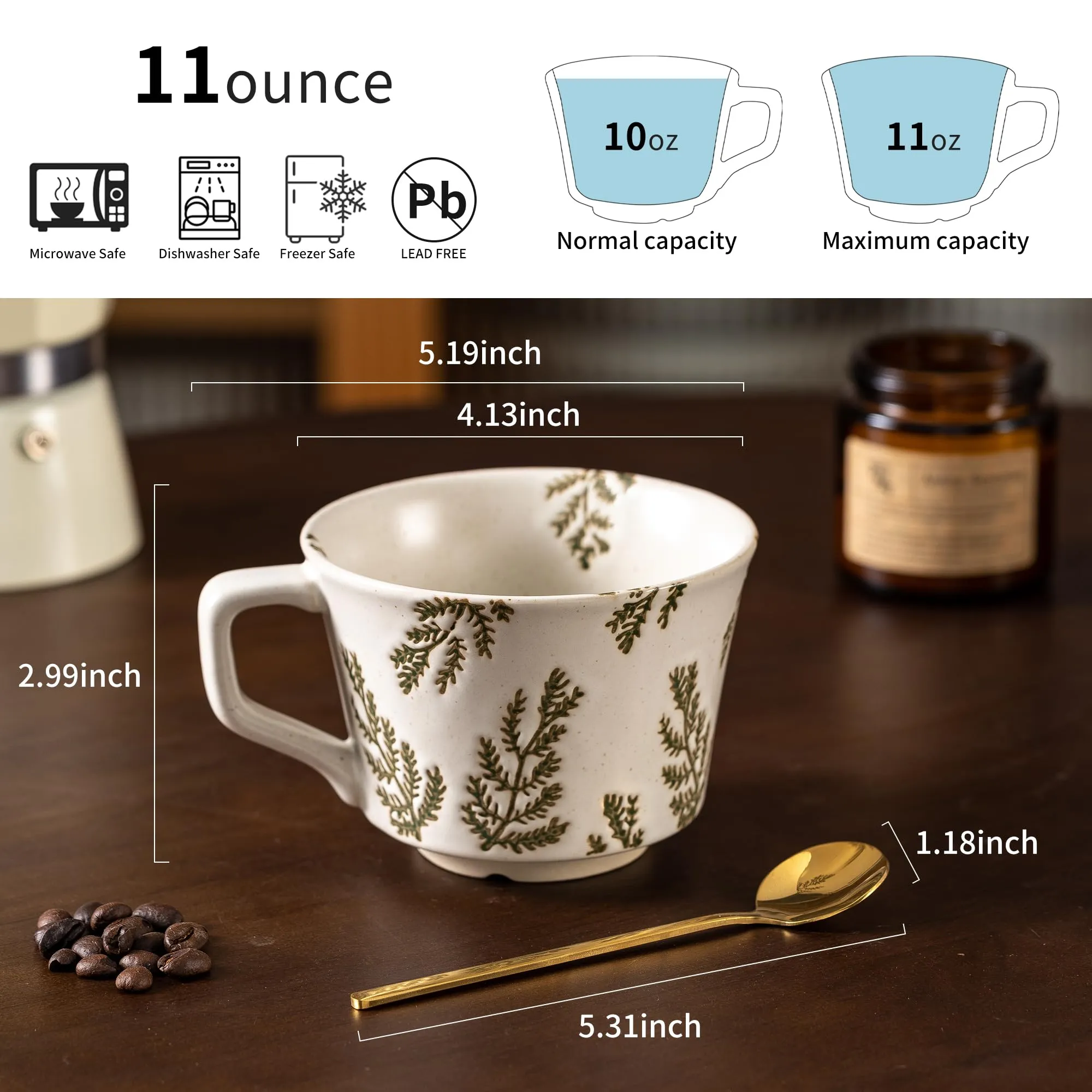 ゴールドスプーン付きの4つのセラミックコーヒーマグセット