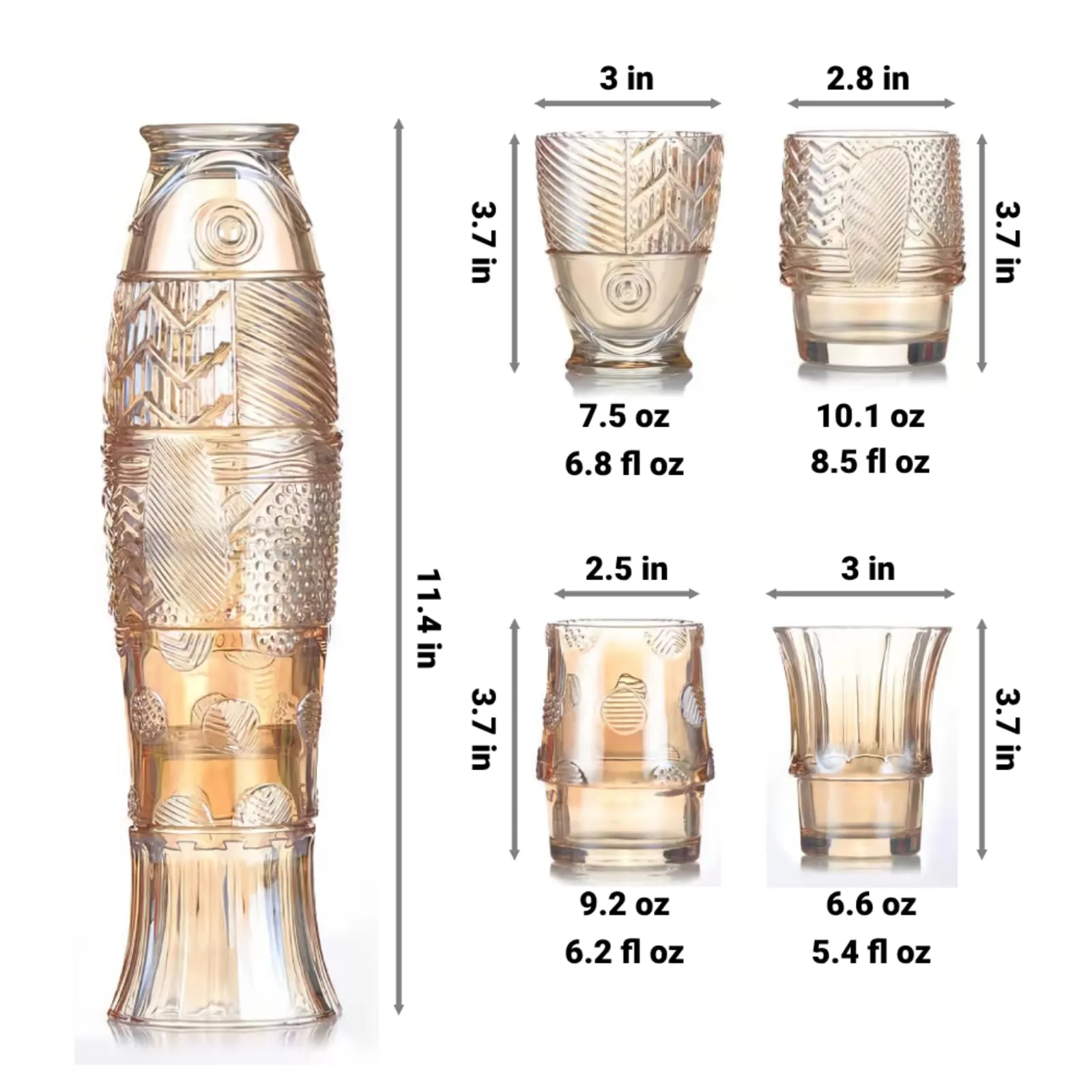 鯉の魚スタッカブルガラスカップ、4個セット、9.0液量オンス、アンバー、装飾ドリンクグラス