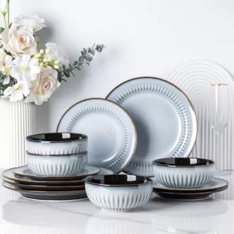 Set peralatan makan seramik, plat stoneware yang timbul dan set mangkuk, tahan cip dan tahan retak