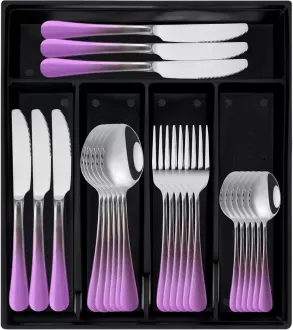 Set Cutlerware Silverware Gilded, Set Cutlery 24 Piece dengan Pemegang, Perkhidmatan untuk 6, Mirror Digilap Meja Diretap untuk Dapur Rumah (Purple Silver)
