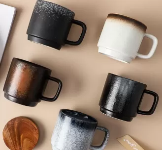 Cawan Kopi Seramik Dengan Penutup Buluh, Cawan Kopi Glaze Reaktif Pukal