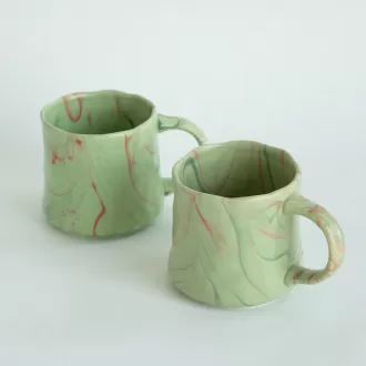Samenvatting Art Ceramic Coffee Mugs Set - 2 Pack, Mint Green met rode en witte accenten, handgemaakt ontwerp voor moderne keuken of kantoor